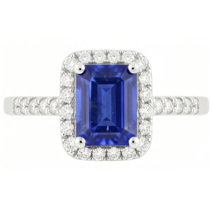Emerald Cut Blue Sapphire Halo Ring with Natural Earth Mined Diamond 4.25 Carats