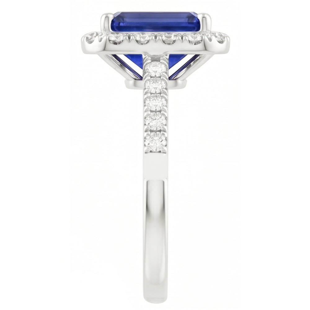 Emerald Cut Blue Sapphire Halo Ring with Natural Earth Mined Diamond 4.25 Carats