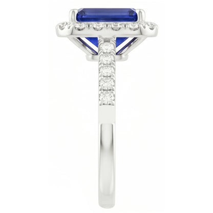 Emerald Cut Blue Sapphire Halo Ring with Natural Earth Mined Diamond 4.25 Carats
