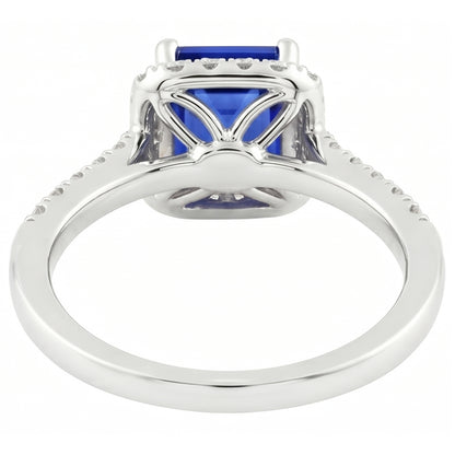 Emerald Cut Blue Sapphire Halo Ring with Natural Earth Mined Diamond 4.25 Carats