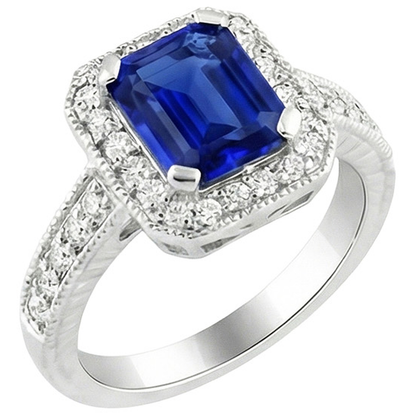 Emerald Cut Blue Sapphire Natural Earth Mined Diamond Engagement Ring 2.20 Carats Gold 14K