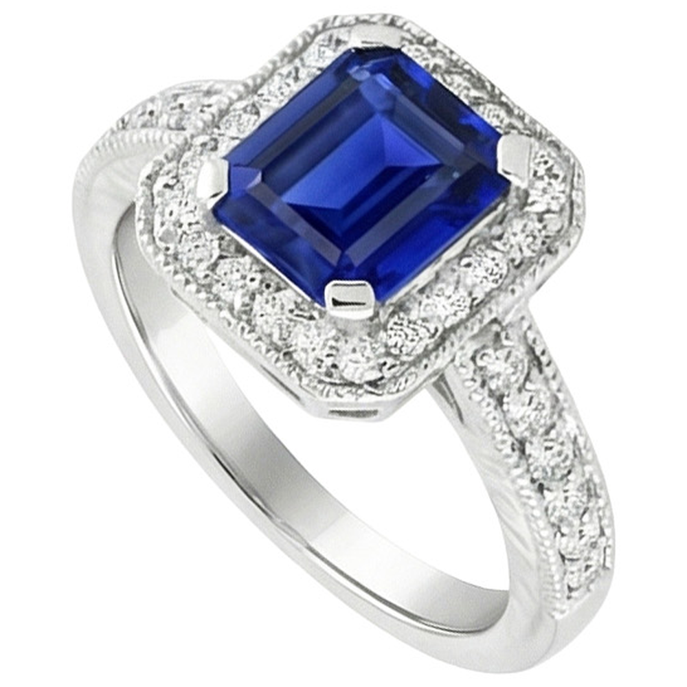 Emerald Cut Blue Sapphire Natural Earth Mined Diamond Engagement Ring 2.20 Carats Gold 14K