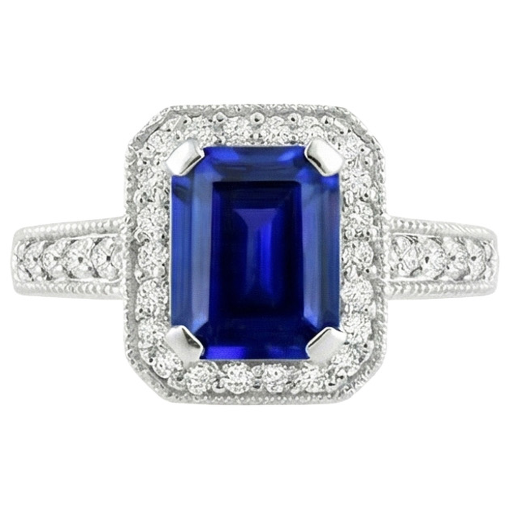 Emerald Cut Blue Sapphire Natural Earth Mined Diamond Engagement Ring 2.20 Carats Gold 14K