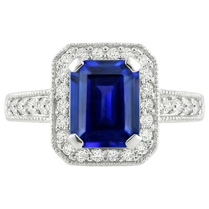 Emerald Cut Blue Sapphire Natural Earth Mined Diamond Engagement Ring 2.20 Carats Gold 14K