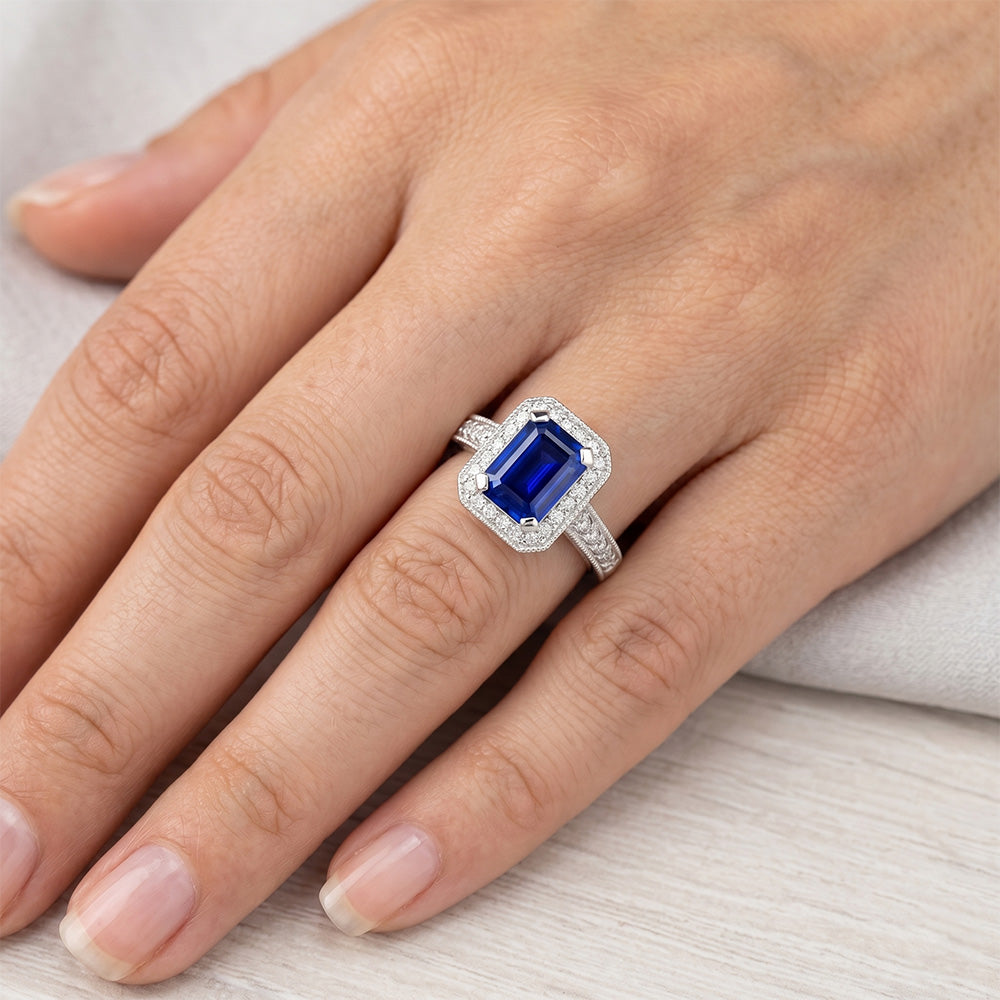 Emerald Cut Blue Sapphire Natural Earth Mined Diamond Engagement Ring 2.20 Carats Gold 14K