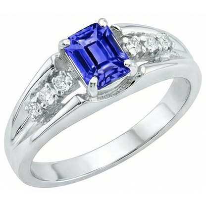 Emerald Cut Ceylon Sapphire With Round Natural Earth Mined Diamonds 1.30 Ct Ring