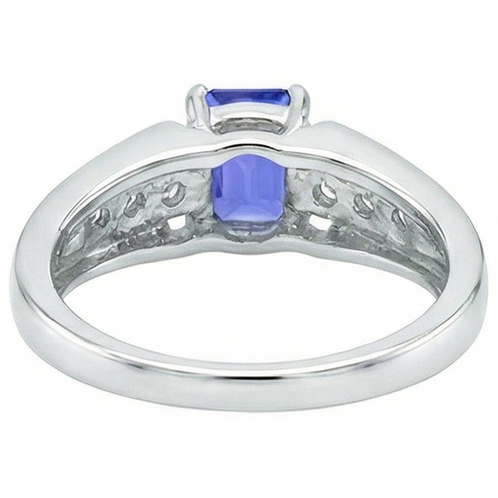 Emerald Cut Ceylon Sapphire With Round Natural Earth Mined Diamonds 1.30 Ct Ring