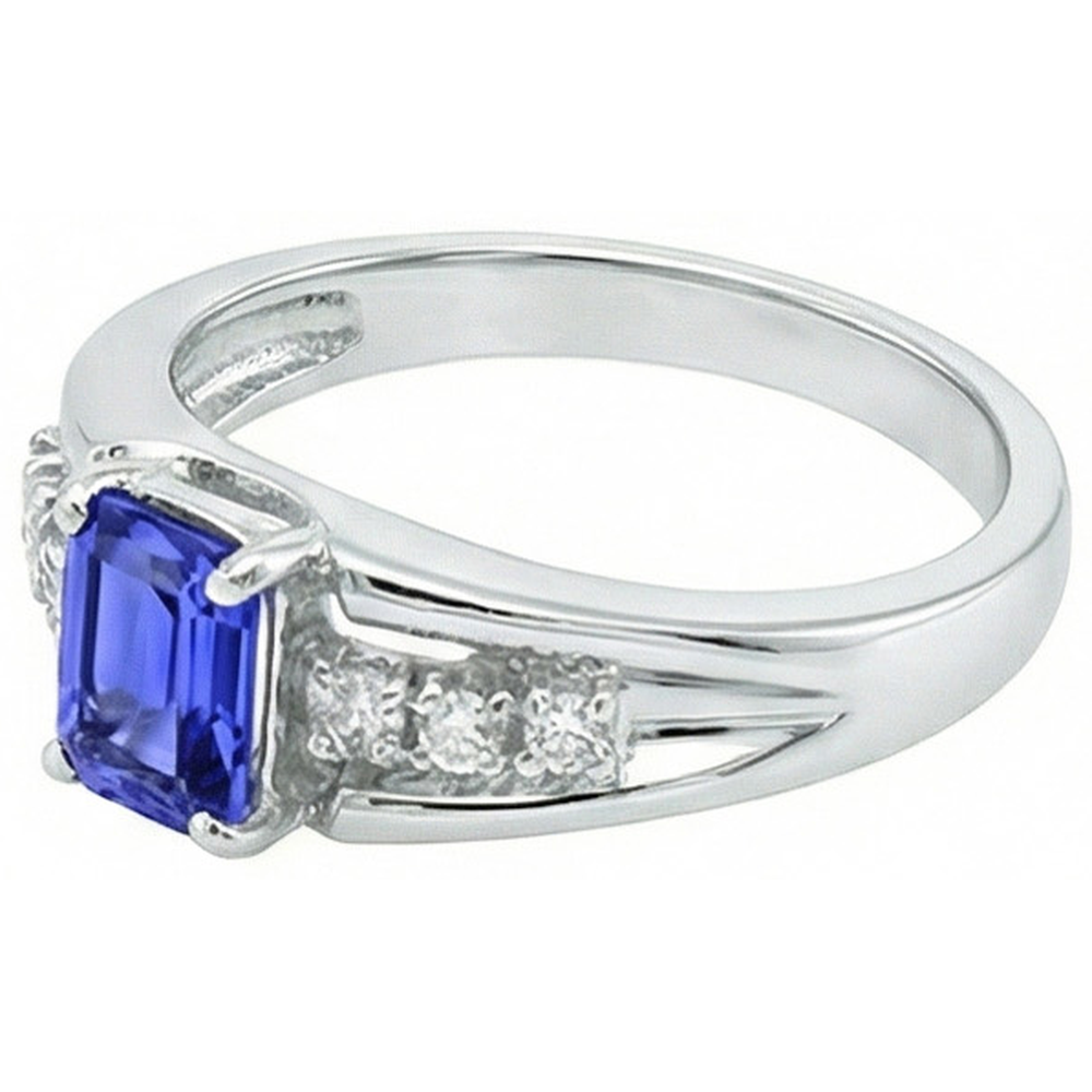 Emerald Cut Ceylon Sapphire With Round Natural Earth Mined Diamonds 1.30 Ct Ring