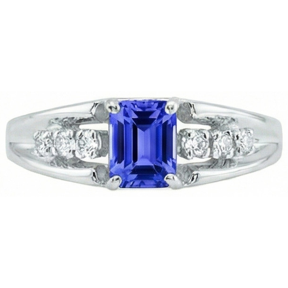Emerald Cut Ceylon Sapphire With Round Natural Earth Mined Diamonds 1.30 Ct Ring