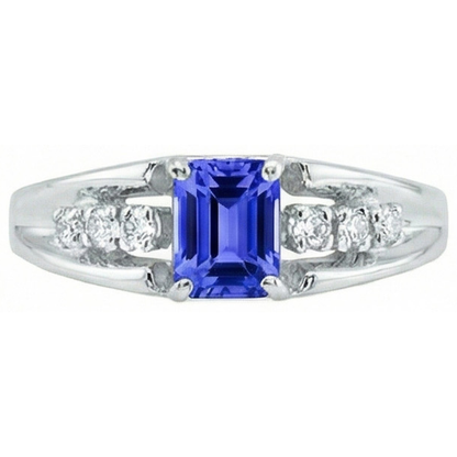 Emerald Cut Ceylon Sapphire With Round Natural Earth Mined Diamonds 1.30 Ct Ring