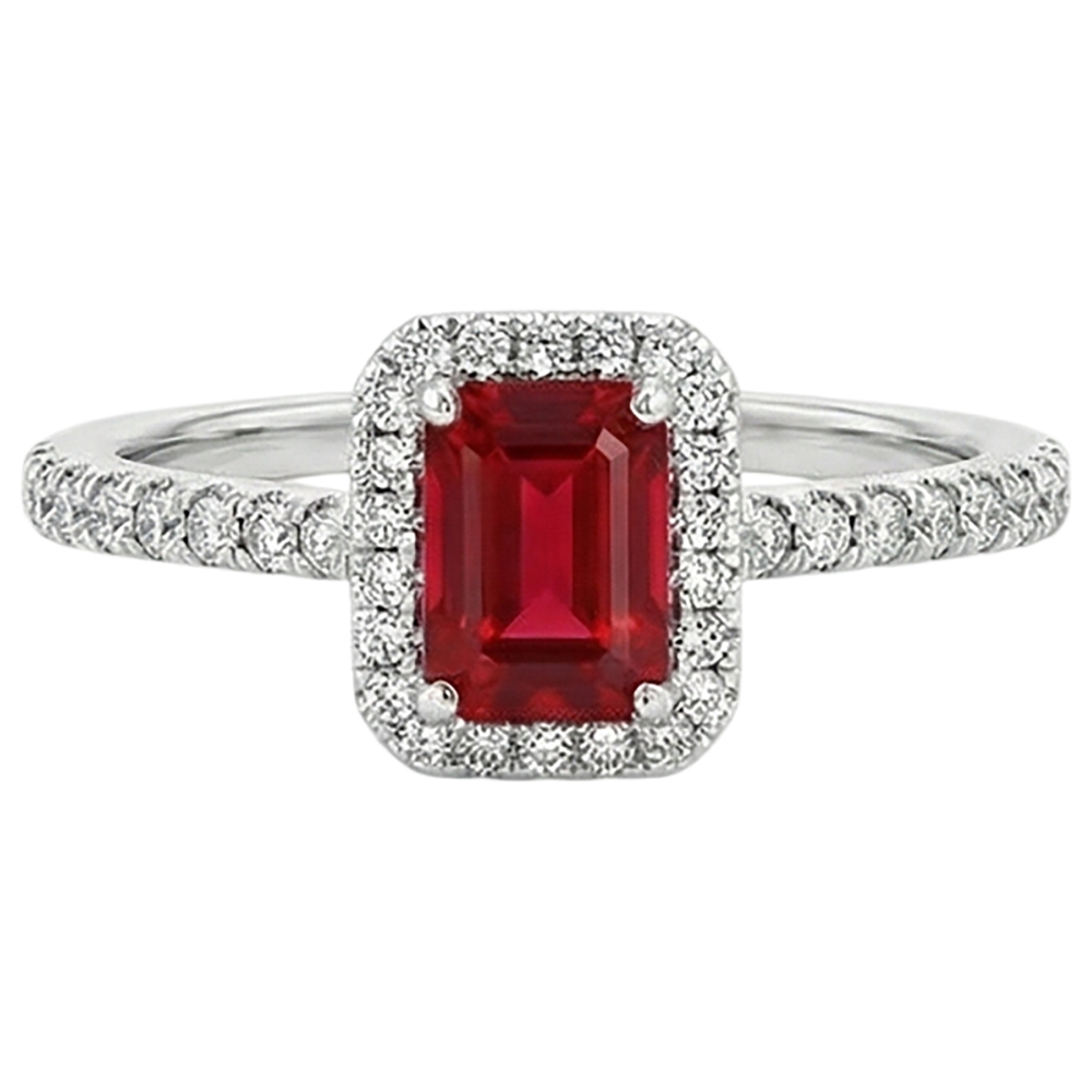 Emerald Cut Ruby Round Natural Earth Mined Diamonds Ring 2.30 Carats 14K White Gold