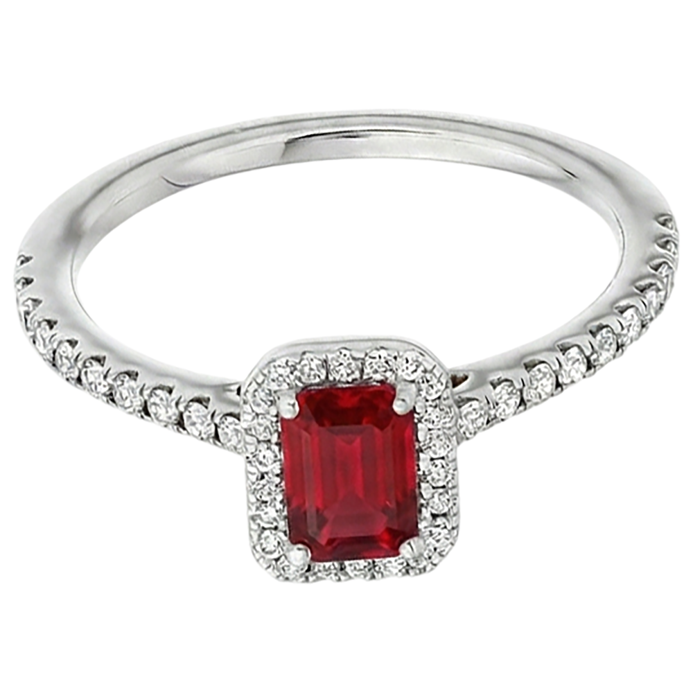 Emerald Cut Ruby Round Natural Earth Mined Diamonds Ring 2.30 Carats 14K White Gold