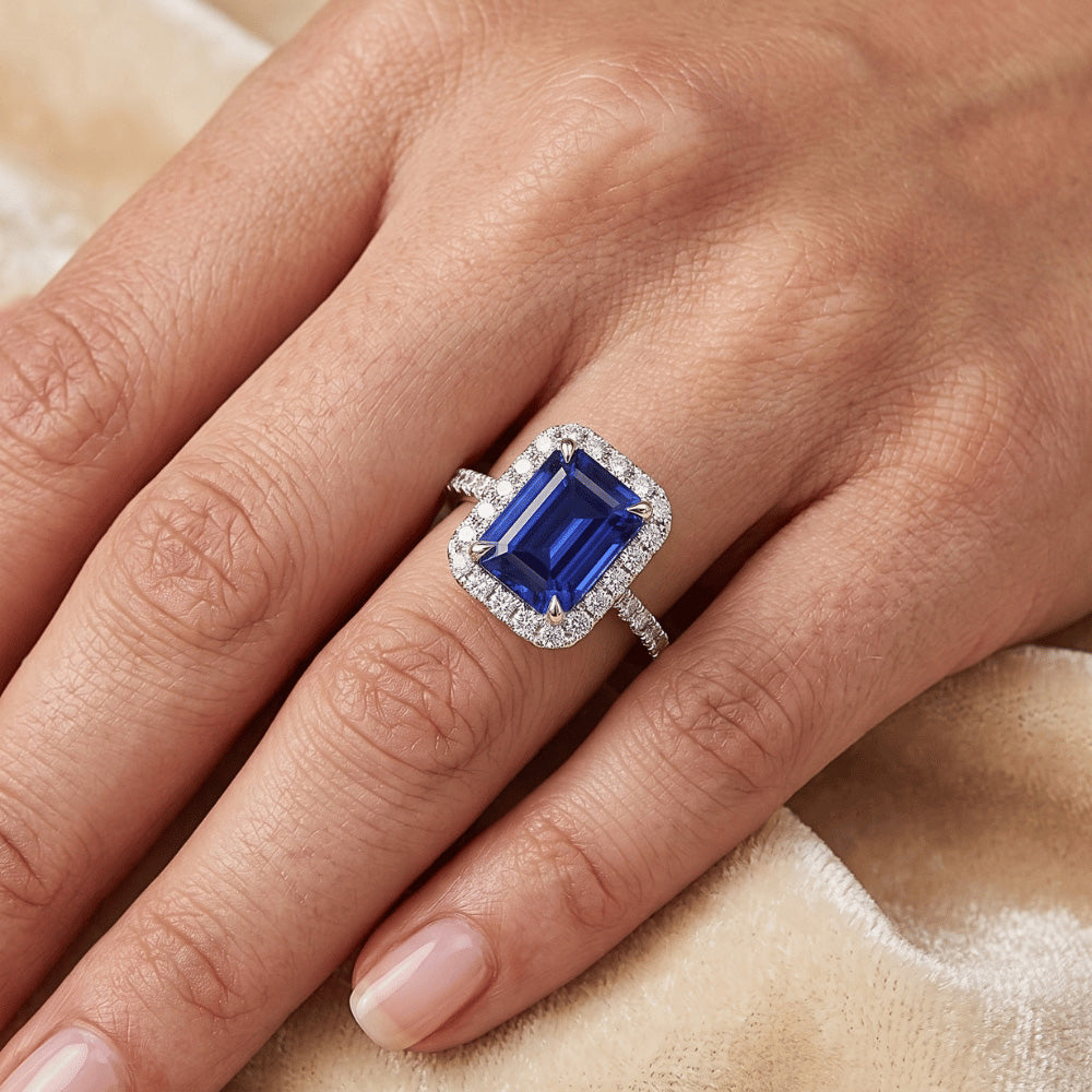 Emerald Cut Sapphire Natural Earth Mined Diamond Engagement Ring