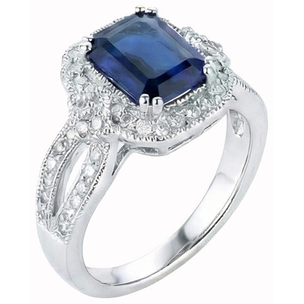 Emerald Cut Sri Lanka Sapphire Natural Earth Mined Diamond Ring White Gold 14K 3.5 Ct.