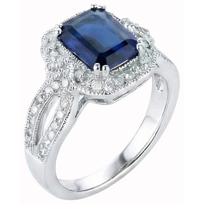 Emerald Cut Sri Lanka Sapphire Natural Earth Mined Diamond Ring White Gold 14K 3.5 Ct.
