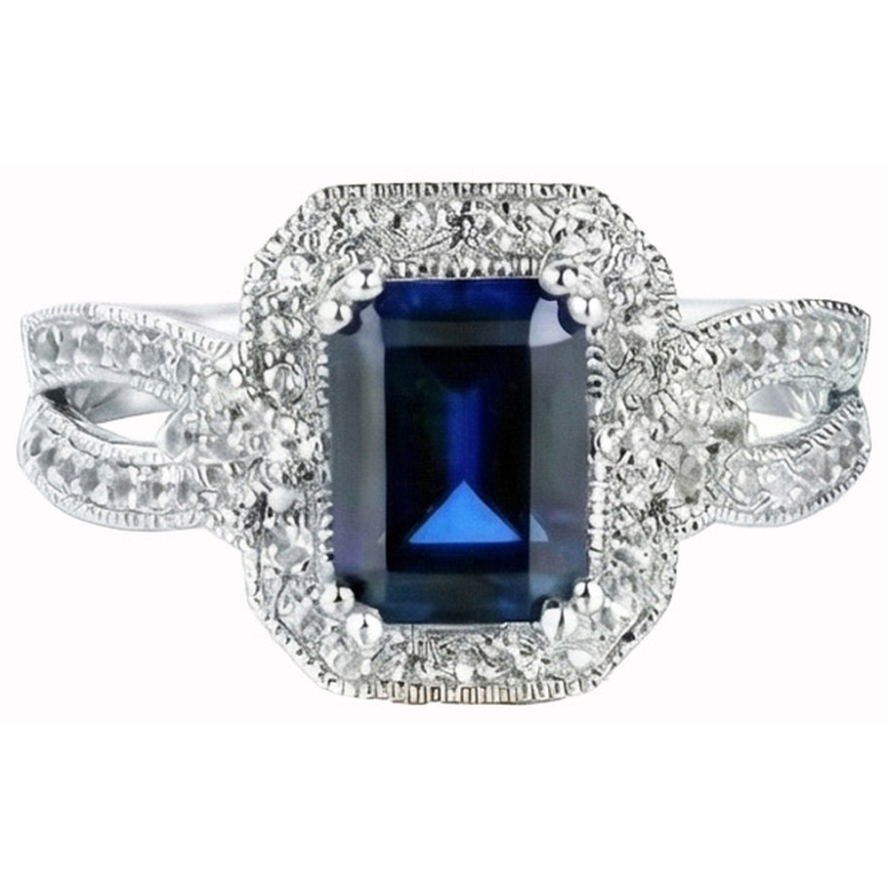 Emerald Cut Sri Lanka Sapphire Natural Earth Mined Diamond Ring White Gold 14K 3.5 Ct.