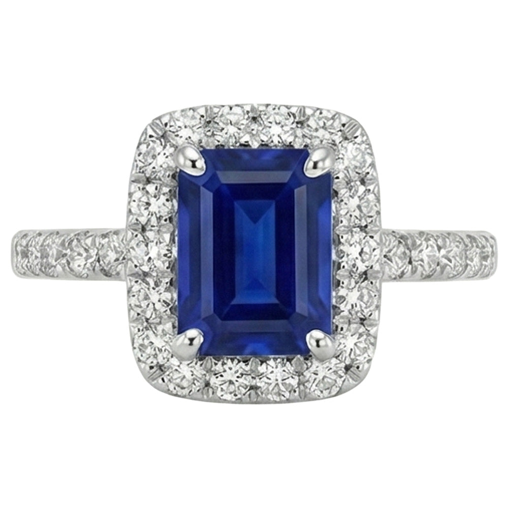 Emerald Cut Sri Lanka Sapphire Natural Earth Mined Diamonds Ring 3 Ct White Gold 14K