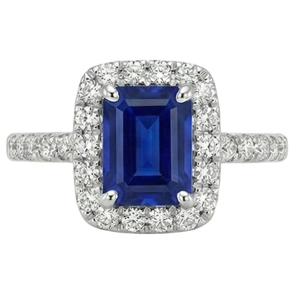 Emerald Cut Sri Lanka Sapphire Natural Earth Mined Diamonds Ring 3 Ct White Gold 14K