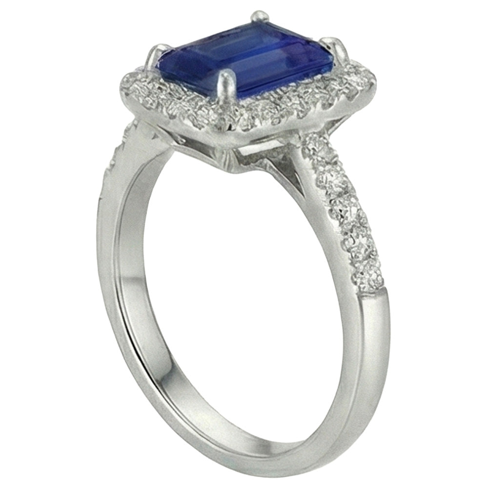 Emerald Cut Sri Lanka Sapphire Natural Earth Mined Diamonds Ring 3 Ct White Gold 14K