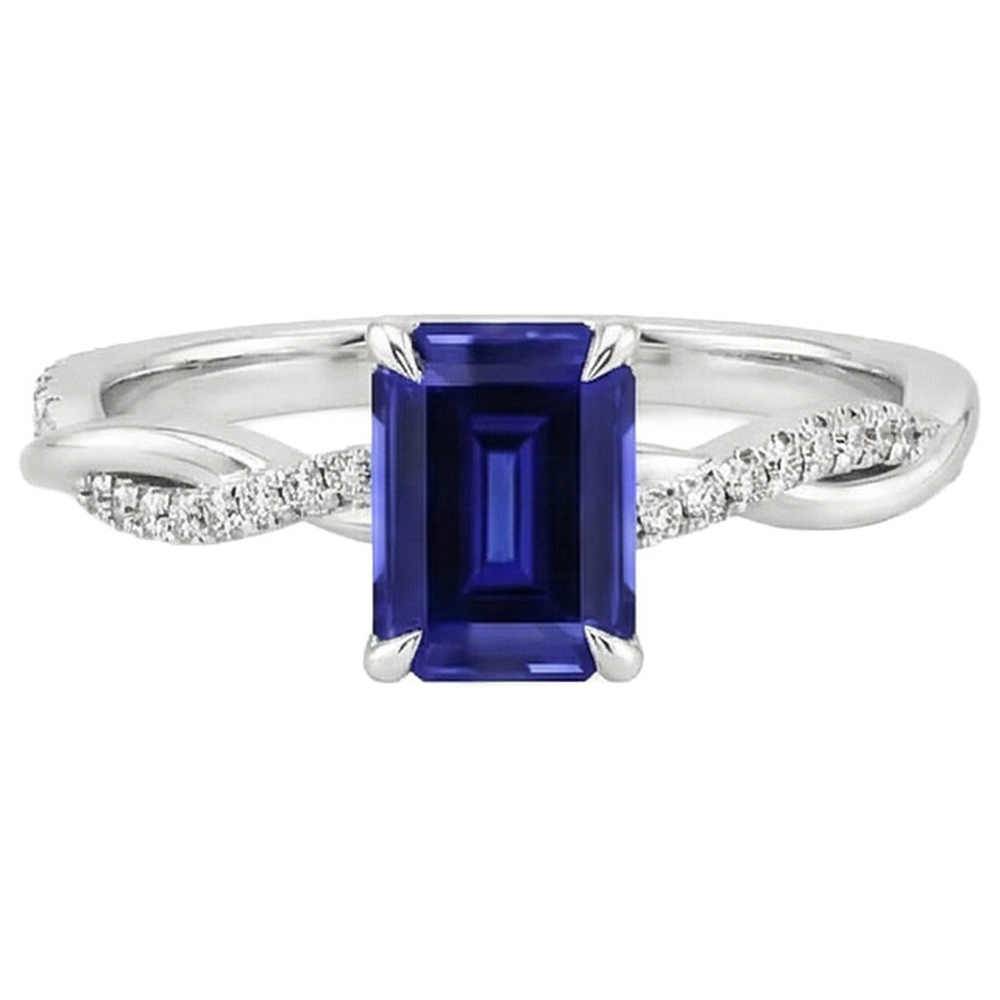 Natural Real ( Not Lab Grown )  Emerald Cut Twist Shank Sapphire Ring