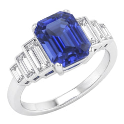 Emerald Gemstone Ring Ceylon Sapphire & Baguette Natural Earth Mined Diamonds 2.50 Carats