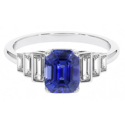 Emerald Gemstone Ring Ceylon Sapphire & Baguette Natural Earth Mined Diamonds 2.50 Carats