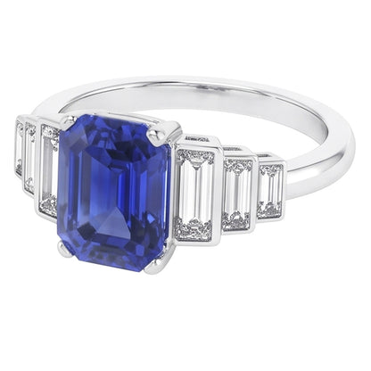 Emerald Gemstone Ring Ceylon Sapphire & Baguette Natural Earth Mined Diamonds 2.50 Carats