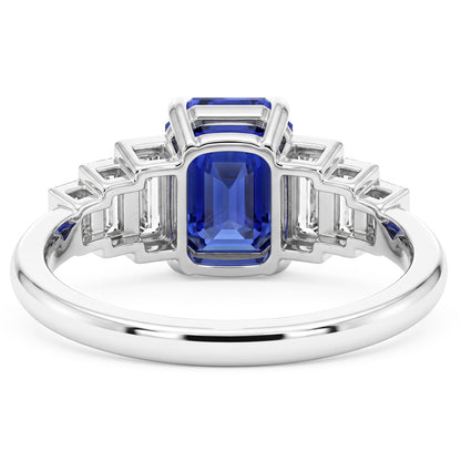 Emerald Gemstone Ring Ceylon Sapphire & Baguette Natural Earth Mined Diamonds 2.50 Carats
