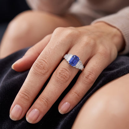 Emerald Gemstone Ring Ceylon Sapphire & Baguette Natural Earth Mined Diamonds 2.50 Carats