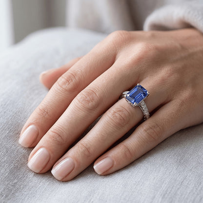 Emerald Gemstone with Accents Ring Blue Sapphire & Natural Earth Mined Diamond 3.50 Carats