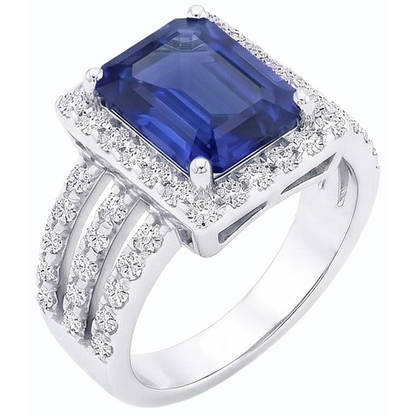Emerald Halo Srilanka Sapphire Ring Triple Shank Natural Earth Mined Diamonds 5.50 Carats