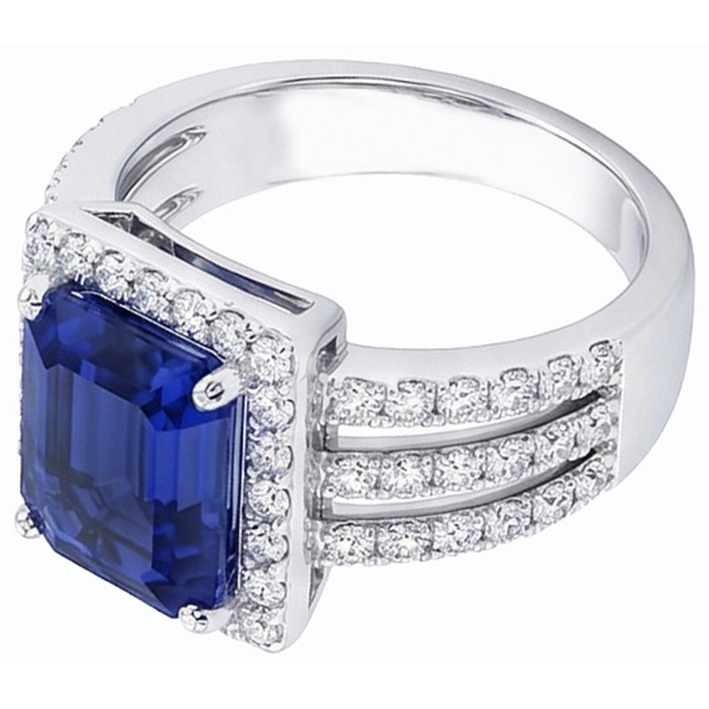 Emerald Halo Srilanka Sapphire Ring Triple Shank Natural Earth Mined Diamonds 5.50 Carats