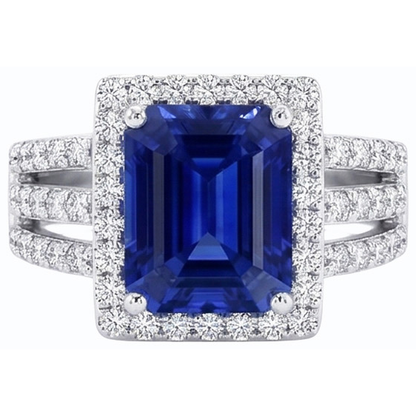 Emerald Halo Srilanka Sapphire Ring Triple Shank Natural Earth Mined Diamonds 5.50 Carats