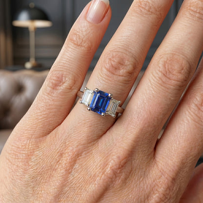 Emerald Natural Earth Mined Diamond 3 Stone Sapphire Anniversary Ring 2.50 Carats Gold 14K