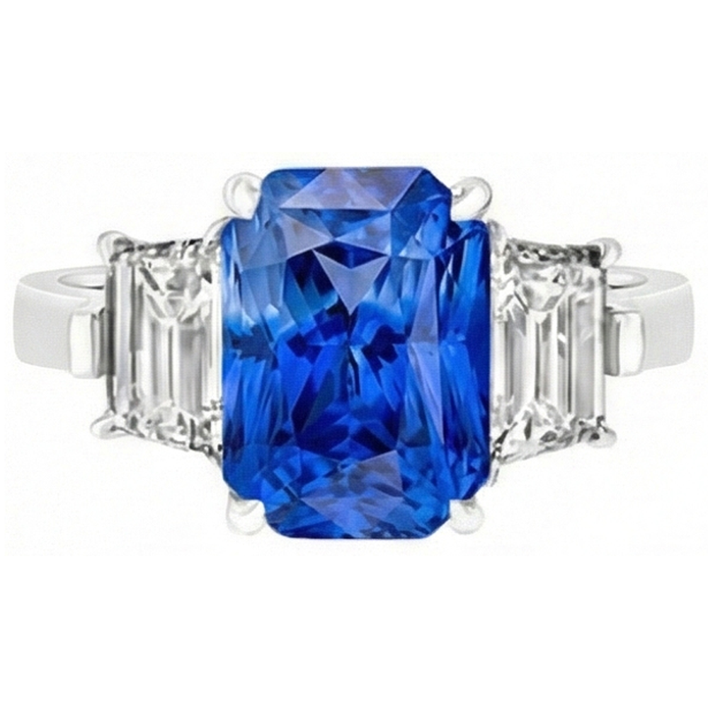 Emerald Natural Earth Mined Diamond Anniversary Ring 3 Carats Light Blue Sapphire 3 Stone