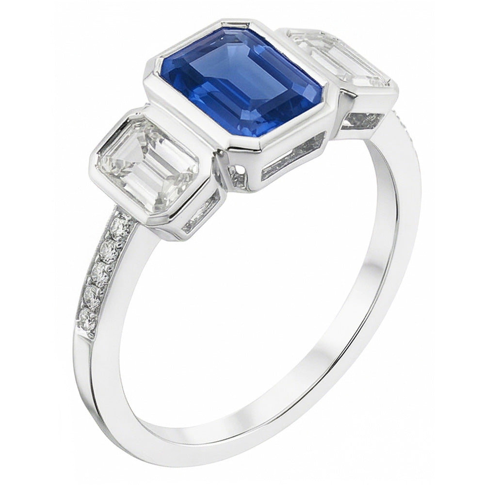 Emerald Natural Earth Mined Diamond Bezel Set Blue Sapphire Ring 3 Stone Style 2.50 Carats