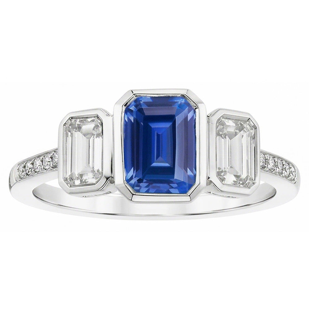 Emerald Natural Earth Mined Diamond Bezel Set Blue Sapphire Ring 3 Stone Style 2.50 Carats