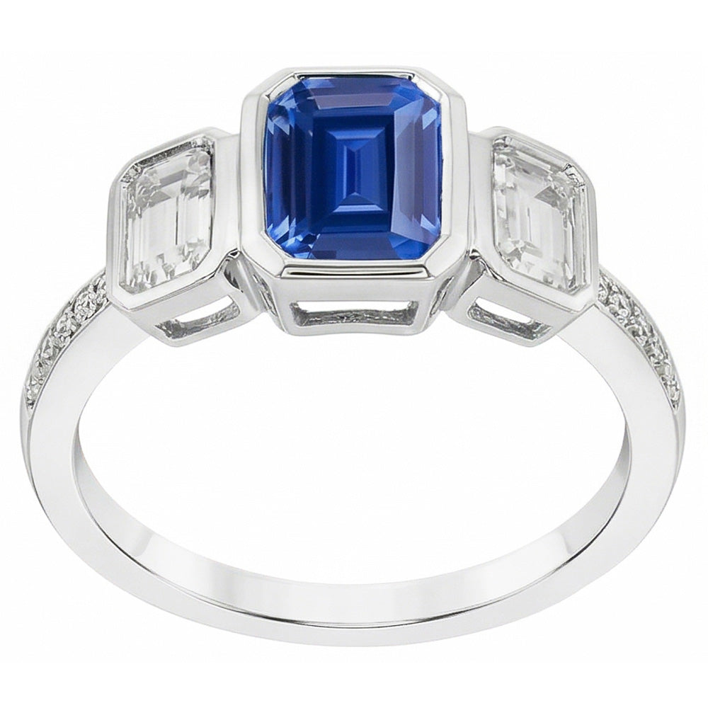 Emerald Natural Earth Mined Diamond Bezel Set Blue Sapphire Ring 3 Stone Style 2.50 Carats