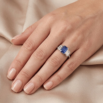 Emerald Natural Earth Mined Diamond Bezel Set Blue Sapphire Ring 3 Stone Style 2.50 Carats