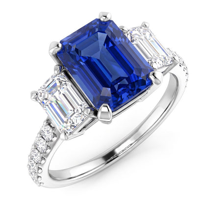Emerald Natural Earth Mined Diamond Radiant Blue Sapphire Ring 3 Carats White Gold 14K