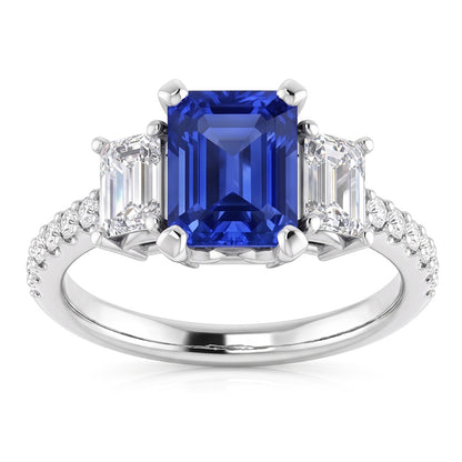 Emerald Natural Earth Mined Diamond Radiant Blue Sapphire Ring 3 Carats White Gold 14K