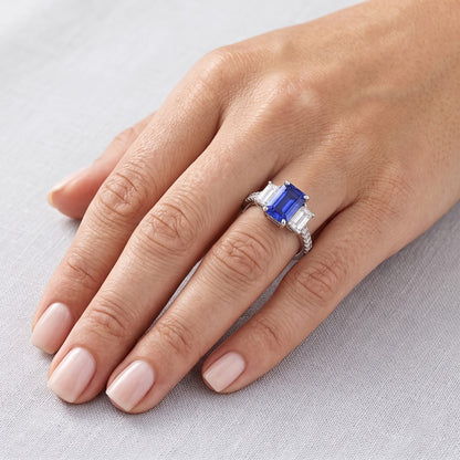 Emerald Natural Earth Mined Diamond Radiant Blue Sapphire Ring 3 Carats White Gold 14K