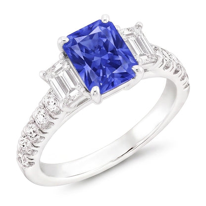 Emerald Natural Earth Mined Diamond Radiant Ceylon Sapphire Ring With Accents 3 Carats