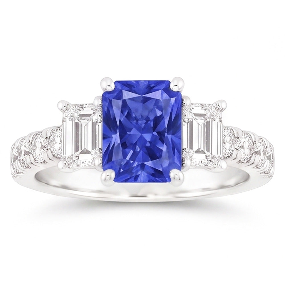 Emerald Natural Earth Mined Diamond Radiant Ceylon Sapphire Ring With Accents 3 Carats