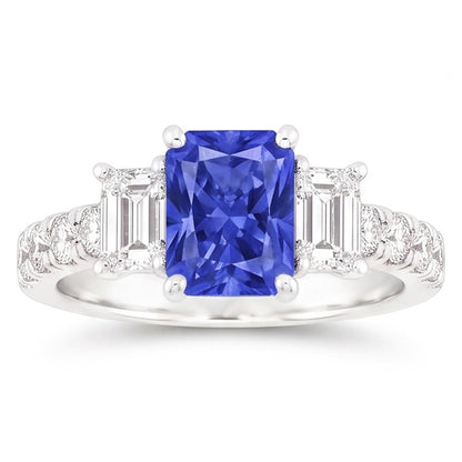 Emerald Natural Earth Mined Diamond Radiant Ceylon Sapphire Ring With Accents 3 Carats