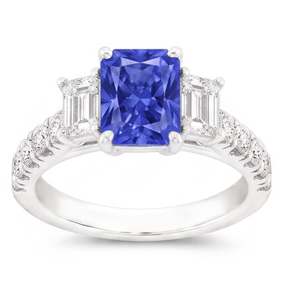 Emerald Natural Earth Mined Diamond Radiant Ceylon Sapphire Ring With Accents 3 Carats