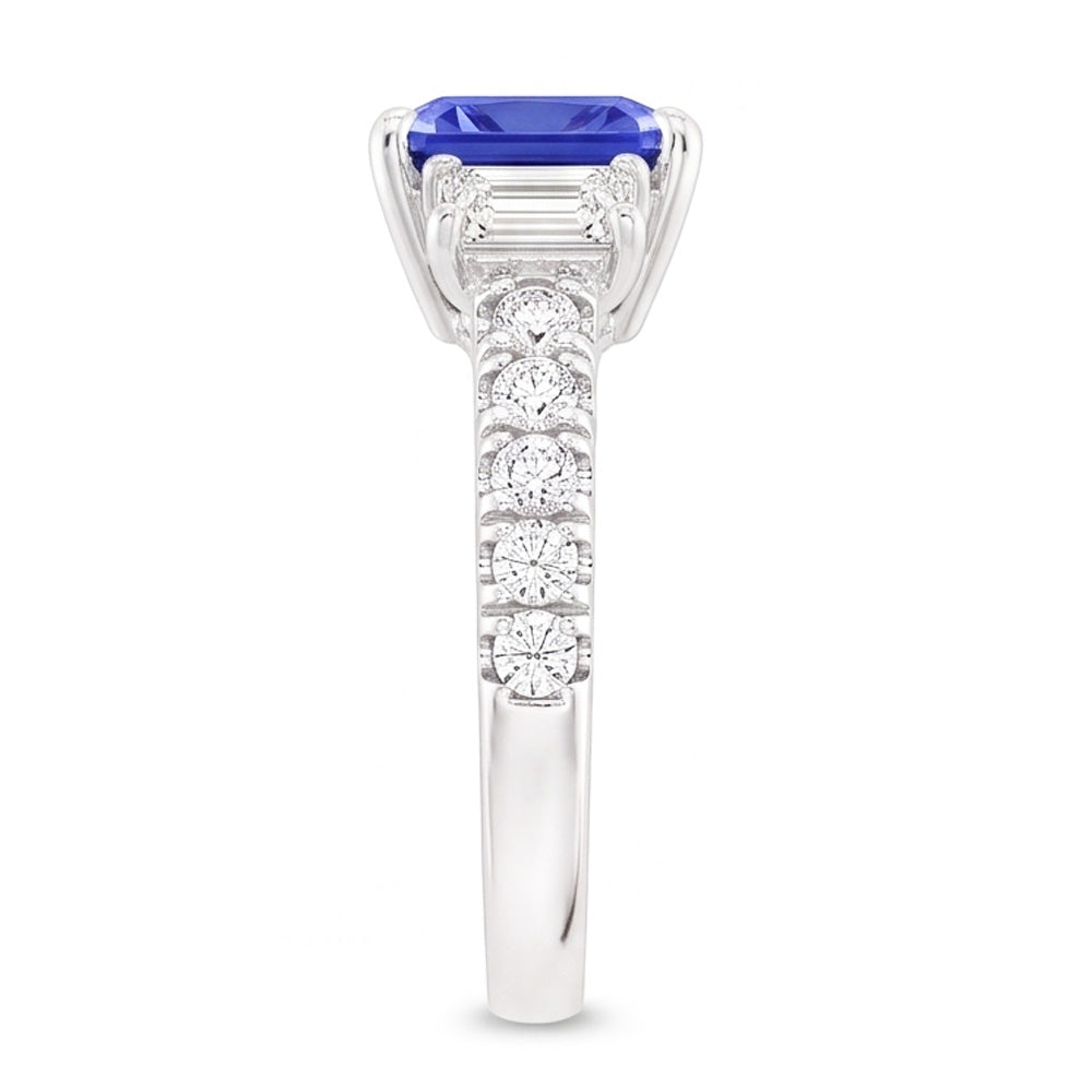 Emerald Natural Earth Mined Diamond Radiant Ceylon Sapphire Ring With Accents 3 Carats