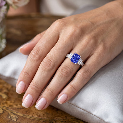 Emerald Natural Earth Mined Diamond Radiant Ceylon Sapphire Ring With Accents 3 Carats