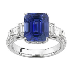 Emerald Natural Earth Mined Diamond Ring Vintage Style Sapphire Baguette Sides 3.50 Carats