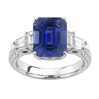Emerald Natural Earth Mined Diamond Ring Vintage Style Sapphire Baguette Sides 3.50 Carats